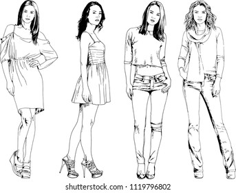 vector drawings on the theme of beautiful slim sporty girl in casual clothes in various poses painted ink hand sketch with no background