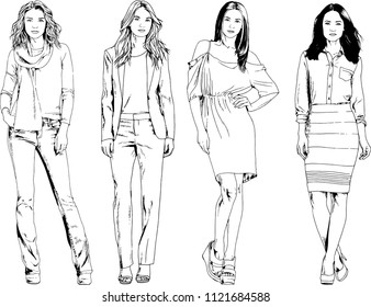 vector drawings on the theme of beautiful slim sporty girl in casual clothes in various poses painted ink hand sketch with no background