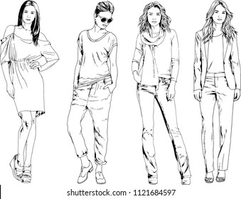 vector drawings on the theme of beautiful slim sporty girl in casual clothes in various poses painted ink hand sketch with no background