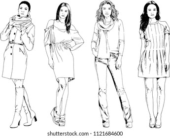 vector drawings on the theme of beautiful slim sporty girl in casual clothes in various poses painted ink hand sketch with no background