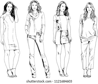 vector drawings on the theme of beautiful slim sporty girl in casual clothes in various poses painted ink hand sketch with no background