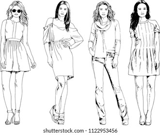 vector drawings on the theme of beautiful slim sporty girl in casual clothes in various poses painted ink hand sketch with no background