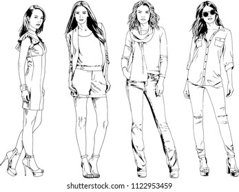 vector drawings on the theme of beautiful slim sporty girl in casual clothes in various poses painted ink hand sketch with no background