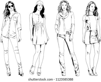 vector drawings on the theme of beautiful slim sporty girl in casual clothes in various poses painted ink hand sketch with no background