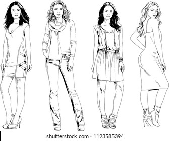 vector drawings on the theme of beautiful slim sporty girl in casual clothes in various poses painted ink hand sketch with no background