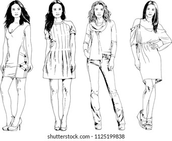 vector drawings on the theme of beautiful slim sporty girl in casual clothes in various poses painted ink hand sketch with no background