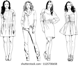 vector drawings on the theme of beautiful slim sporty girl in casual clothes in various poses painted ink hand sketch with no background