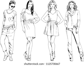 vector drawings on the theme of beautiful slim sporty girl in casual clothes in various poses painted ink hand sketch with no background