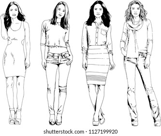 vector drawings on the theme of beautiful slim sporty girl in casual clothes in various poses painted ink hand sketch with no background