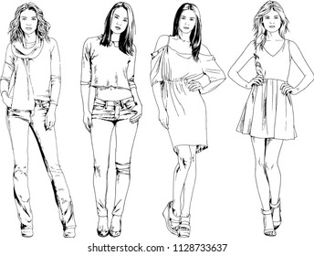 vector drawings on the theme of beautiful slim sporty girl in casual clothes in various poses painted ink hand sketch with no background