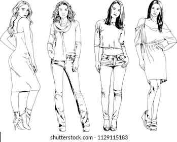vector drawings on the theme of beautiful slim sporty girl in casual clothes in various poses painted ink hand sketch with no background
