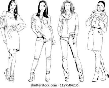 vector drawings on the theme of beautiful slim sporty girl in casual clothes in various poses painted ink hand sketch with no background