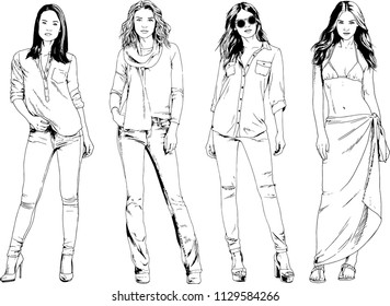 vector drawings on the theme of beautiful slim sporty girl in casual clothes in various poses painted ink hand sketch with no background
