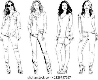 vector drawings on the theme of beautiful slim sporty girl in casual clothes in various poses painted ink hand sketch with no background