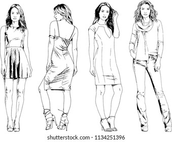 vector drawings on the theme of beautiful slim sporty girl in casual clothes in various poses painted ink hand sketch with no background
