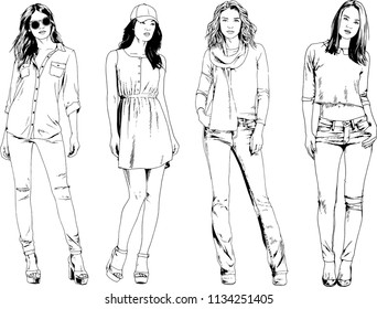 vector drawings on the theme of beautiful slim sporty girl in casual clothes in various poses painted ink hand sketch with no background