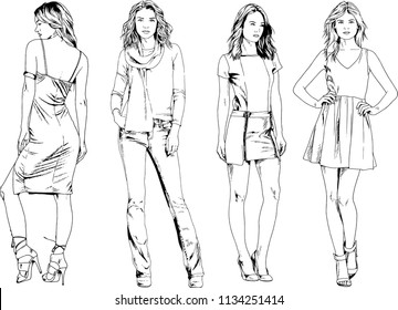 vector drawings on the theme of beautiful slim sporty girl in casual clothes in various poses painted ink hand sketch with no background