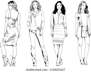 vector drawings on the theme of beautiful slim sporty girl in casual clothes in various poses painted ink hand sketch with no background