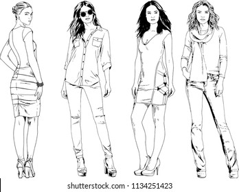 vector drawings on the theme of beautiful slim sporty girl in casual clothes in various poses painted ink hand sketch with no background