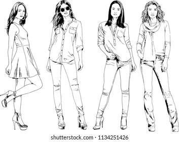 vector drawings on the theme of beautiful slim sporty girl in casual clothes in various poses painted ink hand sketch with no background