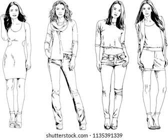 vector drawings on the theme of beautiful slim sporty girl in casual clothes in various poses painted ink hand sketch with no background