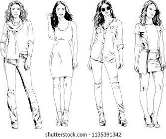 vector drawings on the theme of beautiful slim sporty girl in casual clothes in various poses painted ink hand sketch with no background