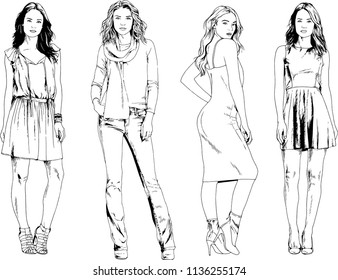 vector drawings on the theme of beautiful slim sporty girl in casual clothes in various poses painted ink hand sketch with no background