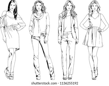 vector drawings on the theme of beautiful slim sporty girl in casual clothes in various poses painted ink hand sketch with no background