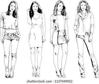 vector drawings on the theme of beautiful slim sporty girl in casual clothes in various poses painted ink hand sketch with no background