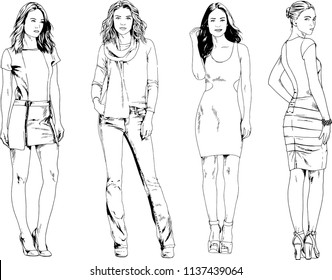 vector drawings on the theme of beautiful slim sporty girl in casual clothes in various poses painted ink hand sketch with no background