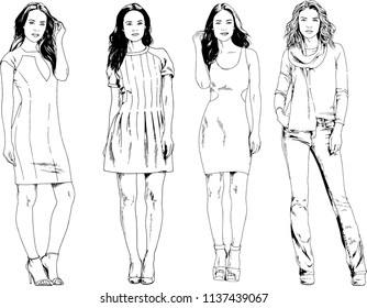vector drawings on the theme of beautiful slim sporty girl in casual clothes in various poses painted ink hand sketch with no background