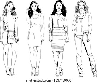 vector drawings on the theme of beautiful slim sporty girl in casual clothes in various poses painted ink hand sketch with no background