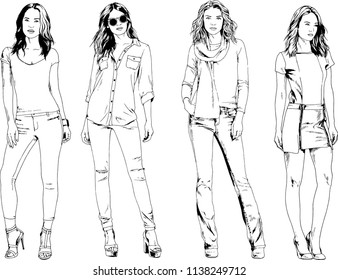 vector drawings on the theme of beautiful slim sporty girl in casual clothes in various poses painted ink hand sketch with no background
