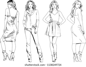 vector drawings on the theme of beautiful slim sporty girl in casual clothes in various poses painted ink hand sketch with no background