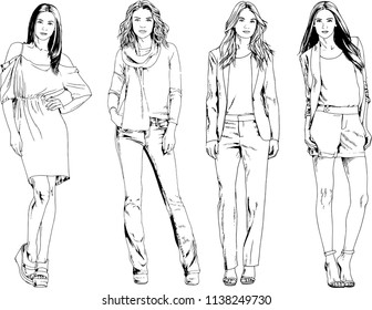 vector drawings on the theme of beautiful slim sporty girl in casual clothes in various poses painted ink hand sketch with no background