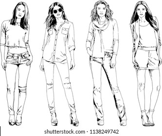 vector drawings on the theme of beautiful slim sporty girl in casual clothes in various poses painted ink hand sketch with no background