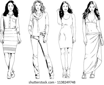 vector drawings on the theme of beautiful slim sporty girl in casual clothes in various poses painted ink hand sketch with no background