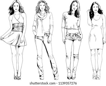 vector drawings on the theme of beautiful slim sporty girl in casual clothes in various poses painted ink hand sketch with no background