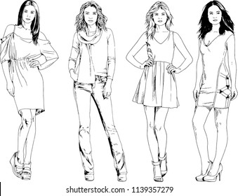 vector drawings on the theme of beautiful slim sporty girl in casual clothes in various poses painted ink hand sketch with no background