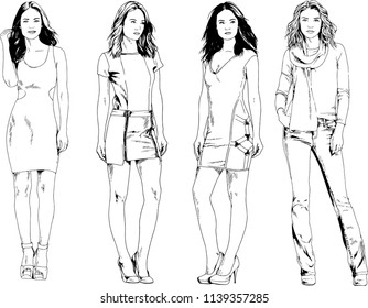 vector drawings on the theme of beautiful slim sporty girl in casual clothes in various poses painted ink hand sketch with no background