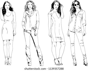 vector drawings on the theme of beautiful slim sporty girl in casual clothes in various poses painted ink hand sketch with no background