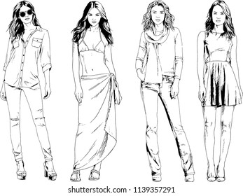 vector drawings on the theme of beautiful slim sporty girl in casual clothes in various poses painted ink hand sketch with no background