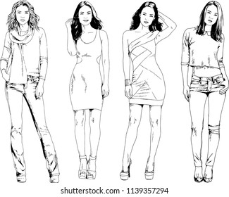 vector drawings on the theme of beautiful slim sporty girl in casual clothes in various poses painted ink hand sketch with no background