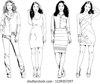 vector drawings on the theme of beautiful slim sporty girl in casual clothes in various poses painted ink hand sketch with no background