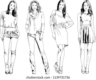 vector drawings on the theme of beautiful slim sporty girl in casual clothes in various poses painted ink hand sketch with no background
