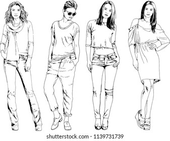 vector drawings on the theme of beautiful slim sporty girl in casual clothes in various poses painted ink hand sketch with no background
