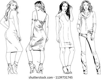vector drawings on the theme of beautiful slim sporty girl in casual clothes in various poses painted ink hand sketch with no background
