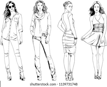 vector drawings on the theme of beautiful slim sporty girl in casual clothes in various poses painted ink hand sketch with no background
