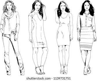 vector drawings on the theme of beautiful slim sporty girl in casual clothes in various poses painted ink hand sketch with no background
