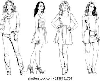 vector drawings on the theme of beautiful slim sporty girl in casual clothes in various poses painted ink hand sketch with no background
